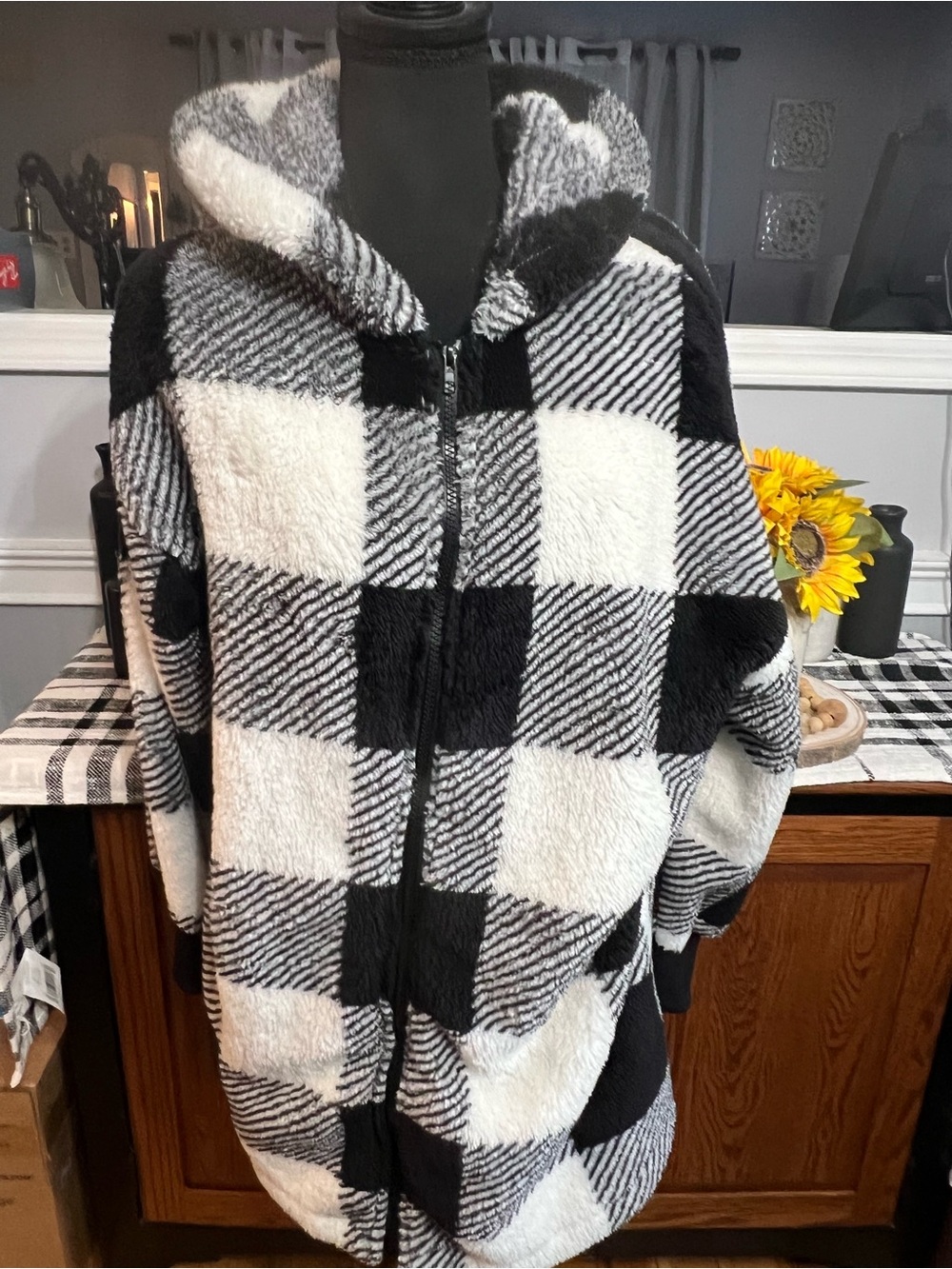 Cozy Black and White Buffalo Check Sherpa Zippered Hoodie